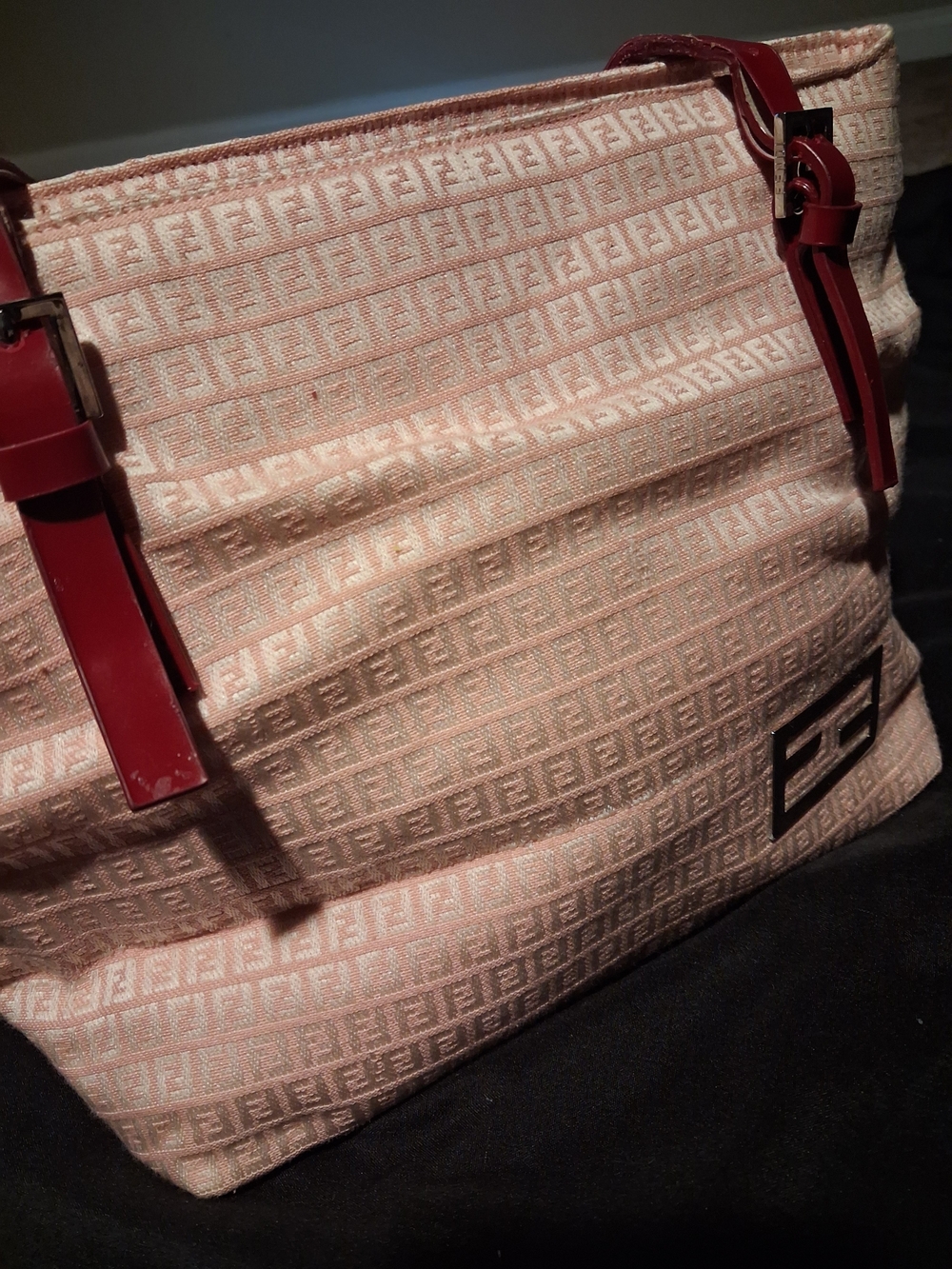 Fendi Light Pink Monogram Tote with Burgundy Straps